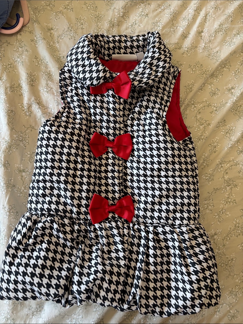Houndstooth Puffer Vest Dress with Red Bow Accents